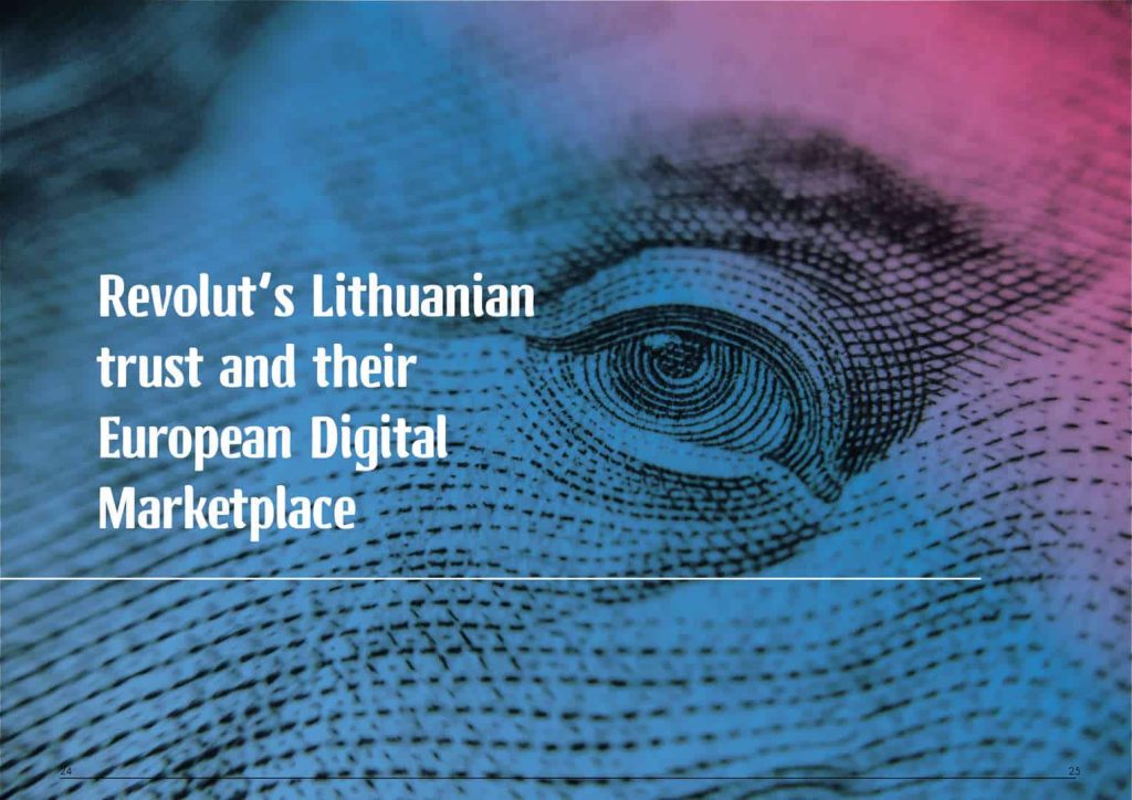 Grafika jest ilustracją do artykułu: Revolut Lithuanian Trust. Przedstawia fragment banknotu USD i tytuł artykułu.|