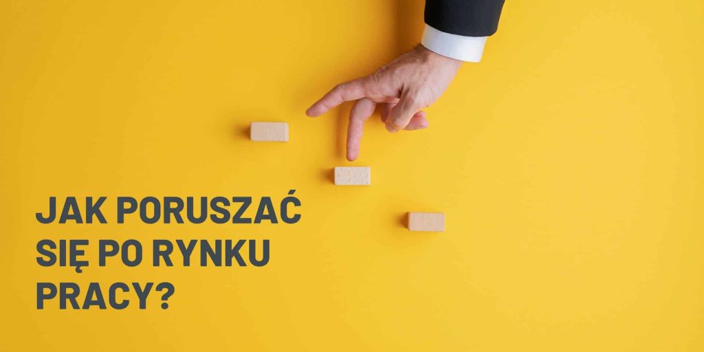 Zdjęcie jest ilustracją do artykułu: Jak poruszać się po rynku pracy?. Przedstawia tytuł artykułu oraz zdjęcie ludzkiej ręki symulującej wchodzenie po schodach za pomocą palców. 
