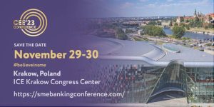 Grafika do artykułu: Konferencja CEE23 SME Banking tym razem odbędzie się w Krakowie. Przedstawia logo organizatorów i informacje organizacyjne.