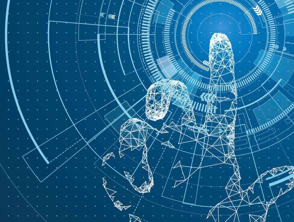 Grafika do artykułu: Poszukiwanie najlepszych kompetencji IT. Przedstawia cyfrową białą ludzką dłoń na niebieskim tle.|