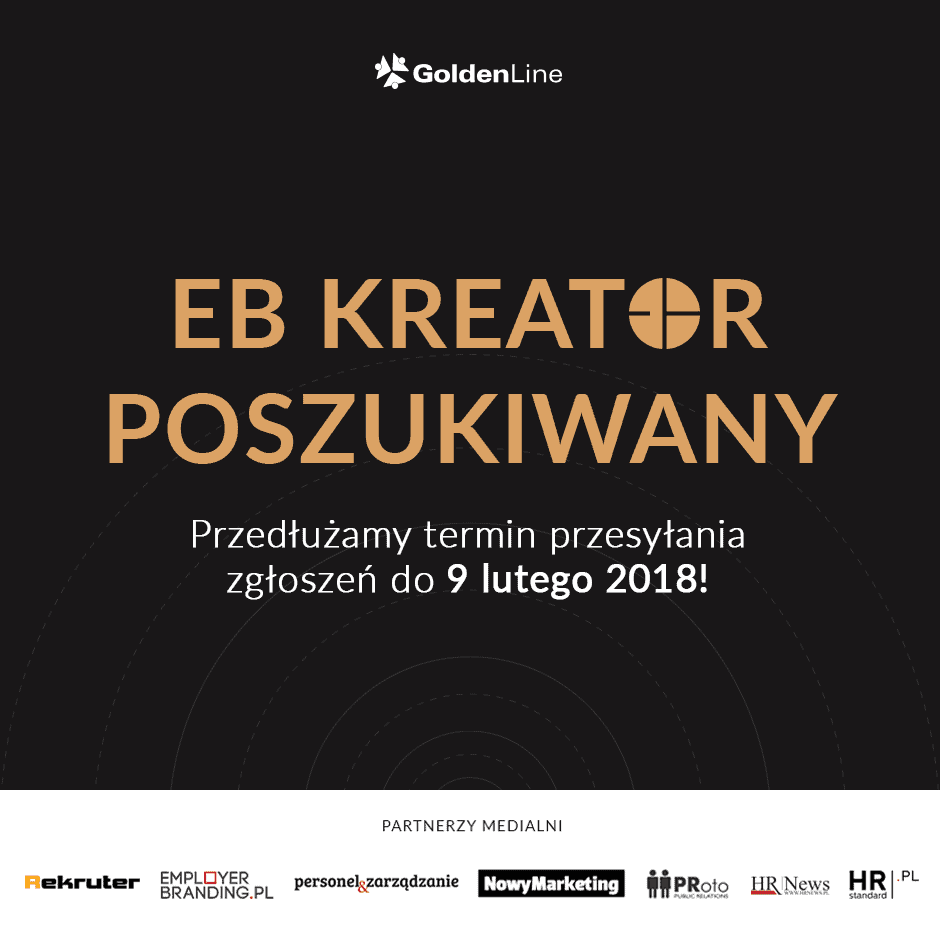 Grafika jest ilustracją do artykułu: Przedłużenie terminu zgłoszeń na EB Kreator do 9 lutego! Przedstawia tytuł: EB Kreator Poszukiwany i informacje organizacyjne. Pomarańczowe litery na czarnym tle.||