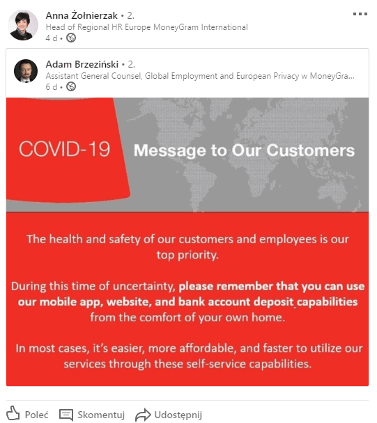 Zdjęcie jest zrzutem z ekranu komunikatu od HR Europe Money Gram International dla klientów i dotyczy sytuacji w czasie pandemii.