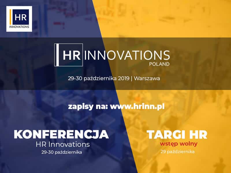 Informacja na temat Konferencji HR Innovations. Na żółto niebieskim tle