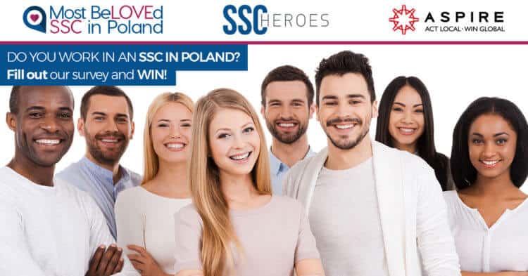Zdjęcie jest ilustracją do artykułu: Let’s find the Most BeLOVEd SSCs in Poland together!Przedstawia grupę młodych uśmiechniętych pracowników oraz logo i informacje na temat kampanii BeLoved SSCs.|