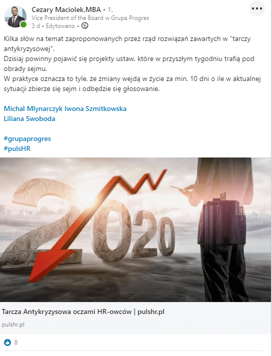 Zdjęcie jest zrzutem z ekranu wypowiedzi Cezarego Maciołka, MBA, dotyczącej Tarczy Antykryzysowej.