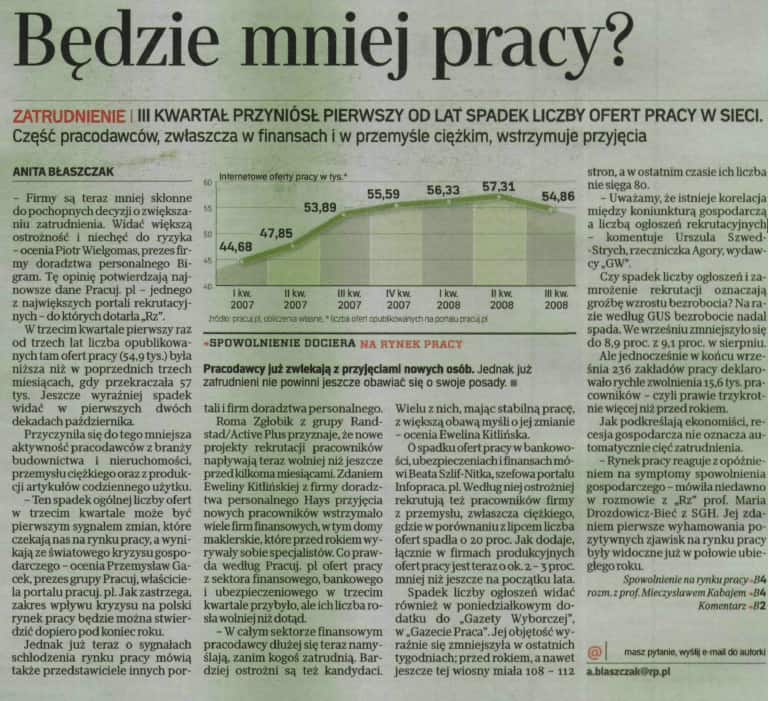 Zdjęcie artykułu z Rzeczpospolita, 2008r, pt: Będzie coraz mniej pracy?. Ilustruje spadek ofert pracy.