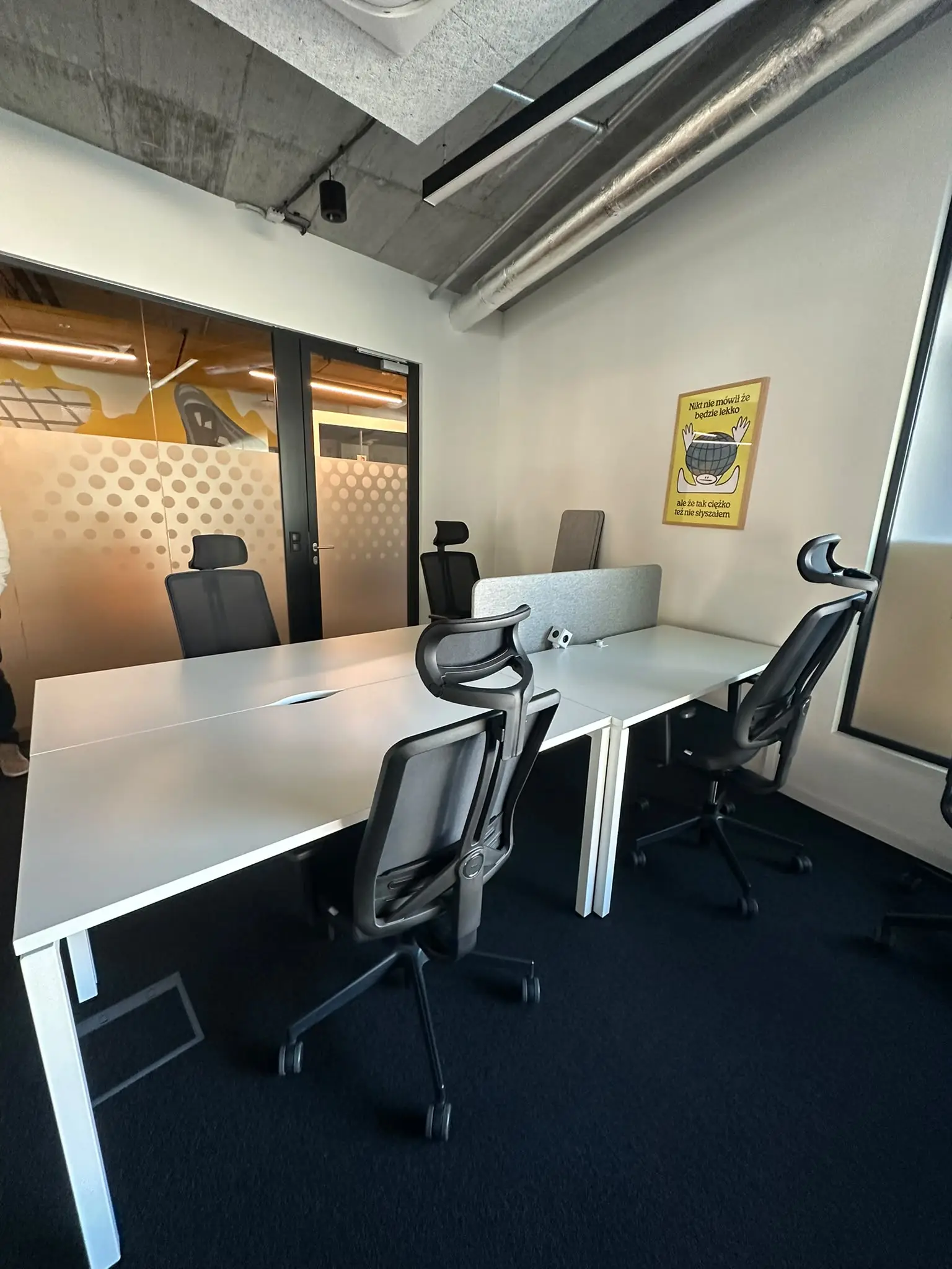 A modern office workspace overlooking the city