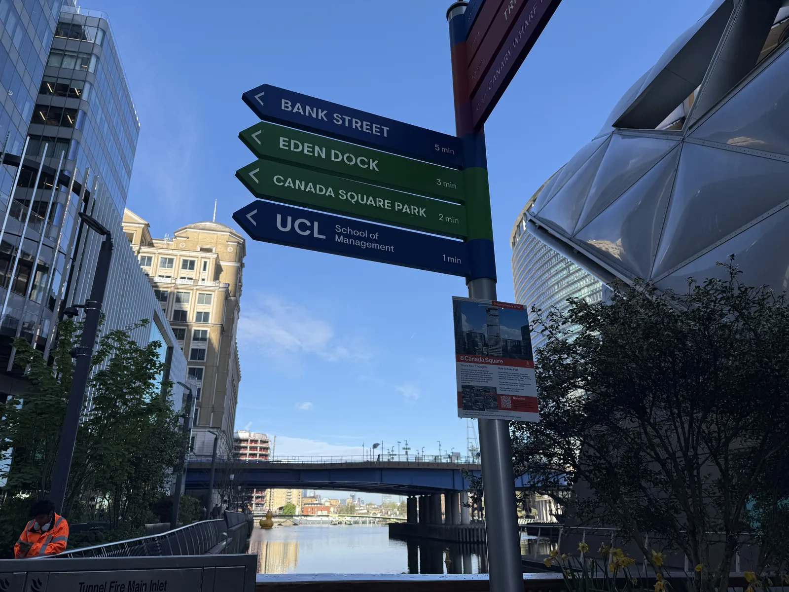 Canary Wharf street signage pointing to Bank Street, Eden Dock and Canada Square Park